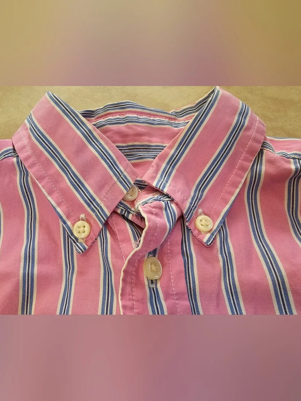 Ralph Lauren Boys Pink Navy Blue Striped Long-Sleeve Cotton Oxford Shirt Size 6